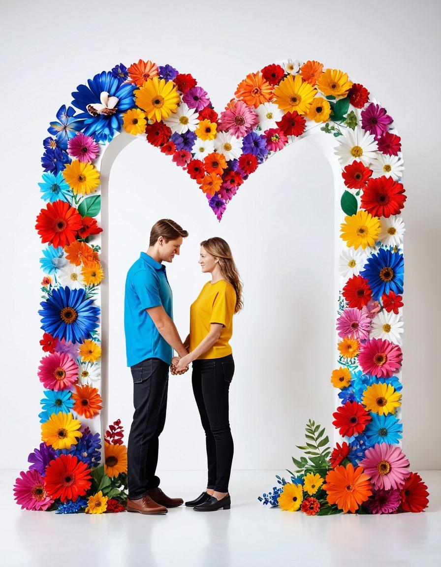 A couple holding hands, standing under a protective shield made of colorful insurance documents as vibrant flowers and symbols of love surround them, showcasing harmony and security in their relationship. Bright and hopeful atmosphere, emphasizing innovation in love protection. super-realistic. vibrant colors. white background.