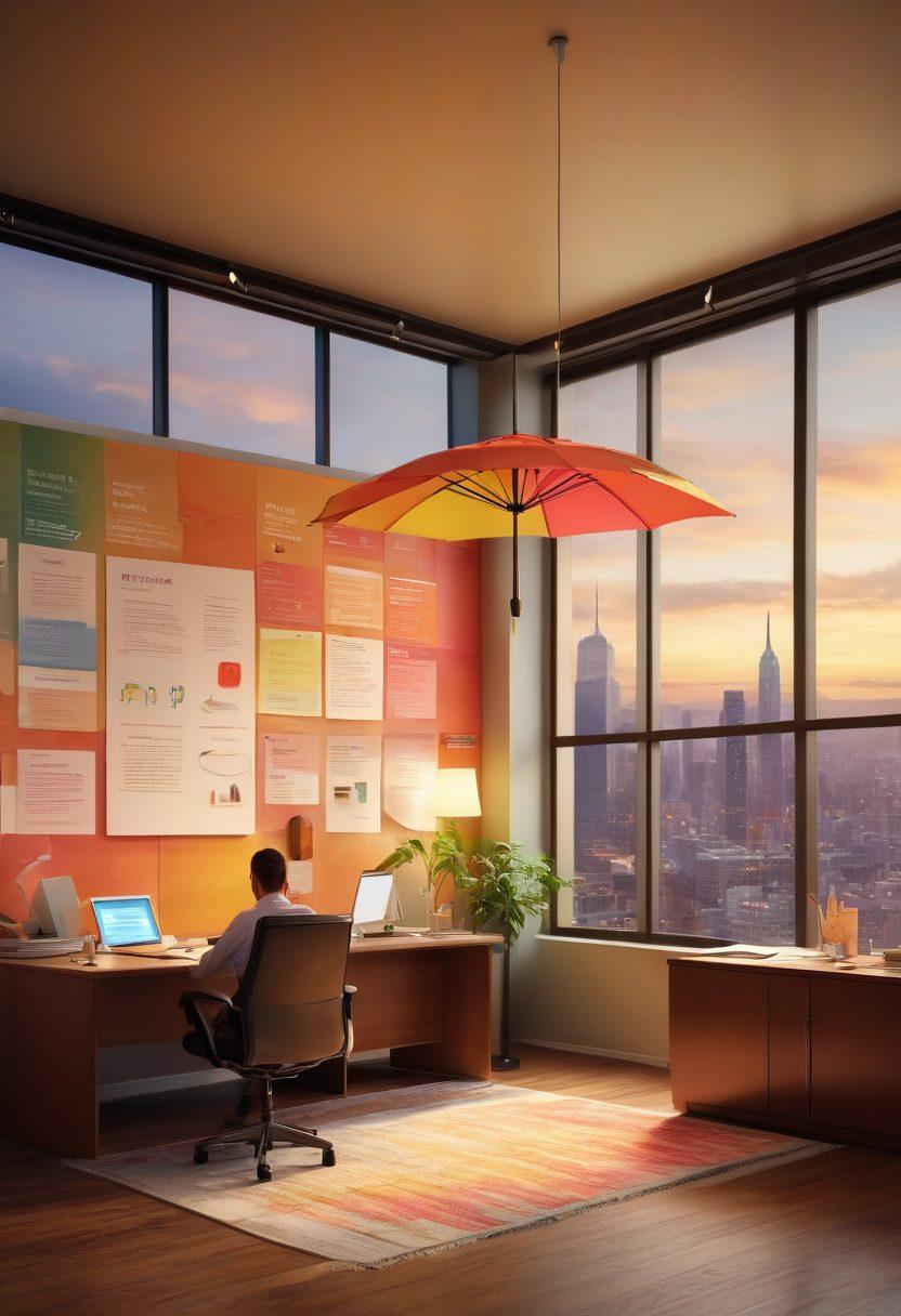 A visually engaging scene depicting a diverse group of people joyfully discussing insurance options in a cozy office environment. Include stacks of colorful brochures and infographics highlighting various insurance types, symbols of protection like umbrellas and shields, and a warm atmosphere. The background shows a large window with a view of a peaceful city skyline. super-realistic. vibrant colors. warm lighting.